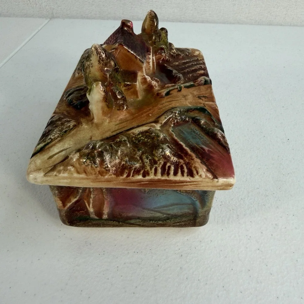 Vtg 50's Hand Paint Porcelain 3-D Trinket Jewelry Box Tray Japan Tree House Lake